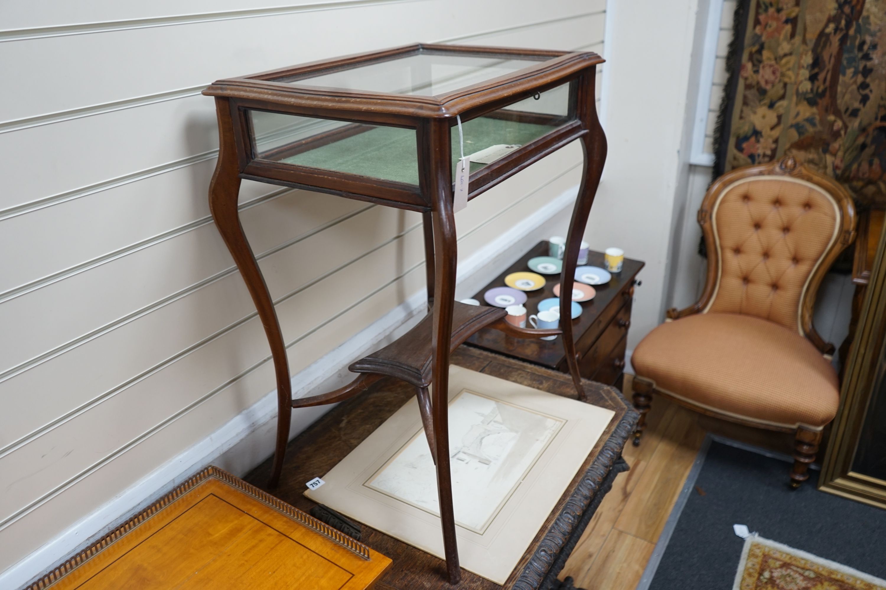 A late Victorian mahogany bijouterie table, width 60cm, depth 44cm, height 76cm